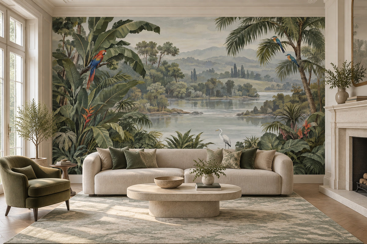 Tropical Birds And Jungle Lake Wallpaper Mural: Muted Green Botanical