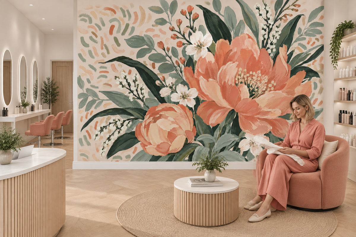 Coral Pink Painted Flowers Wallpaper Mural Muted Green Leaves