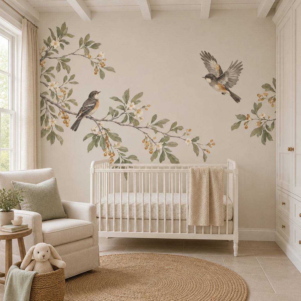Watercolor Birds And Blossom Branches Wallpaper Mural In Sage Green