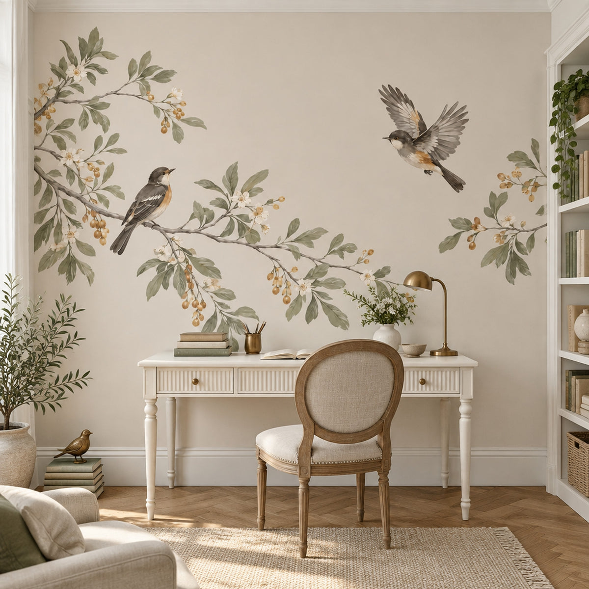 Watercolor Birds And Blossom Branches Wallpaper Mural In Sage Green