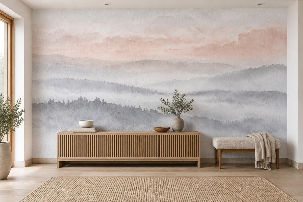 Misty Mountain Layers Wallpaper Mural Soft Gray Watercolor