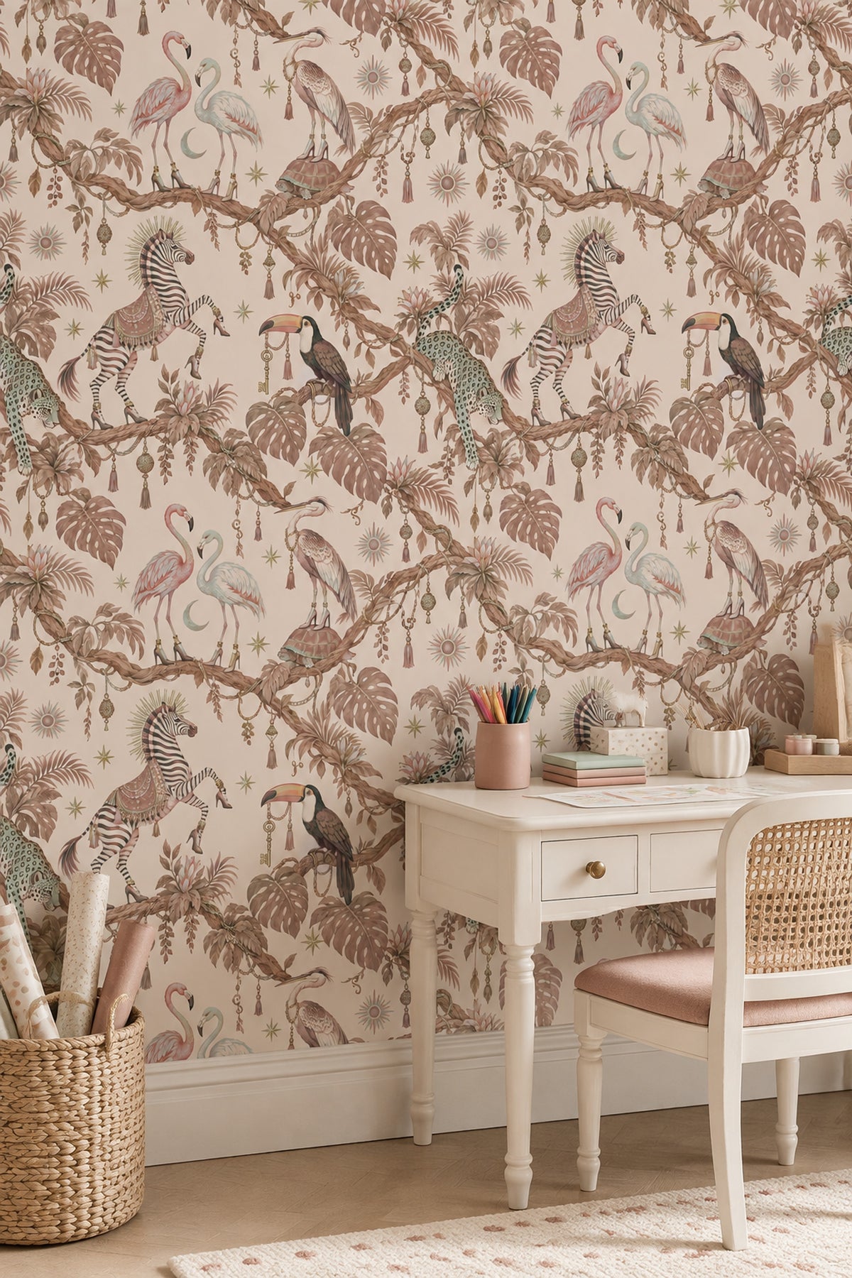 Flamingos And Jungle Animals Wallpaper Light Beige Whimsical Tropical