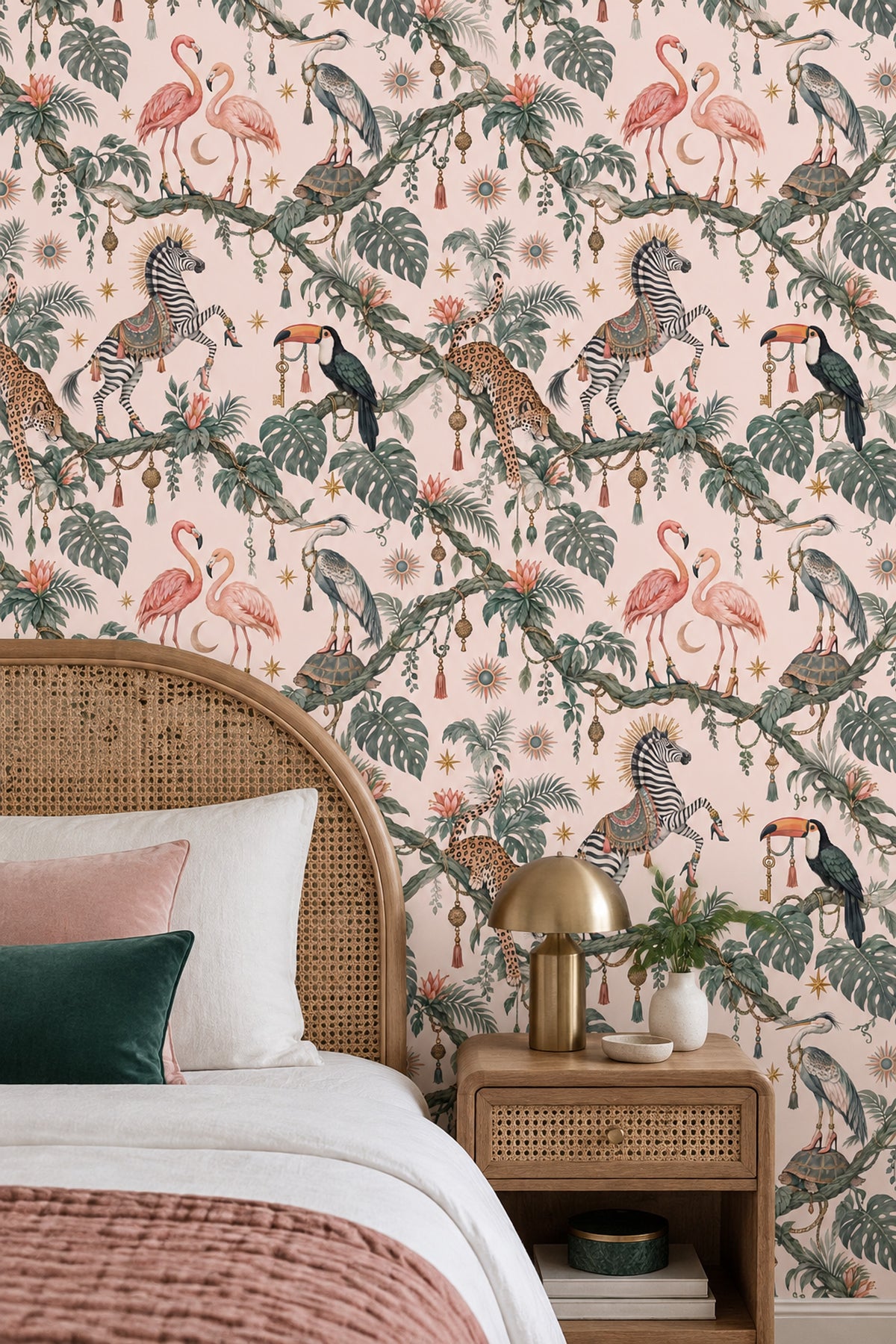 Whimsical Tropical Animals Wallpaper Pastel Pink, Maximalist Stars And Tassels