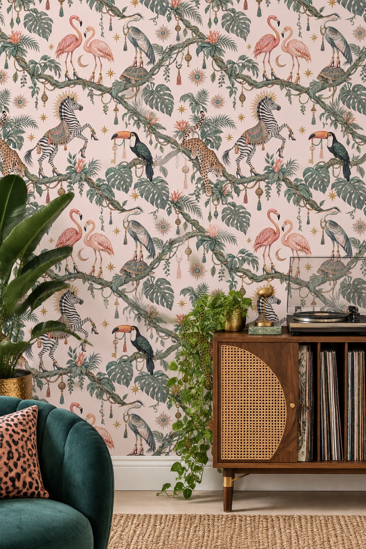 Whimsical Tropical Animals Wallpaper Pastel Pink, Maximalist Stars And Tassels