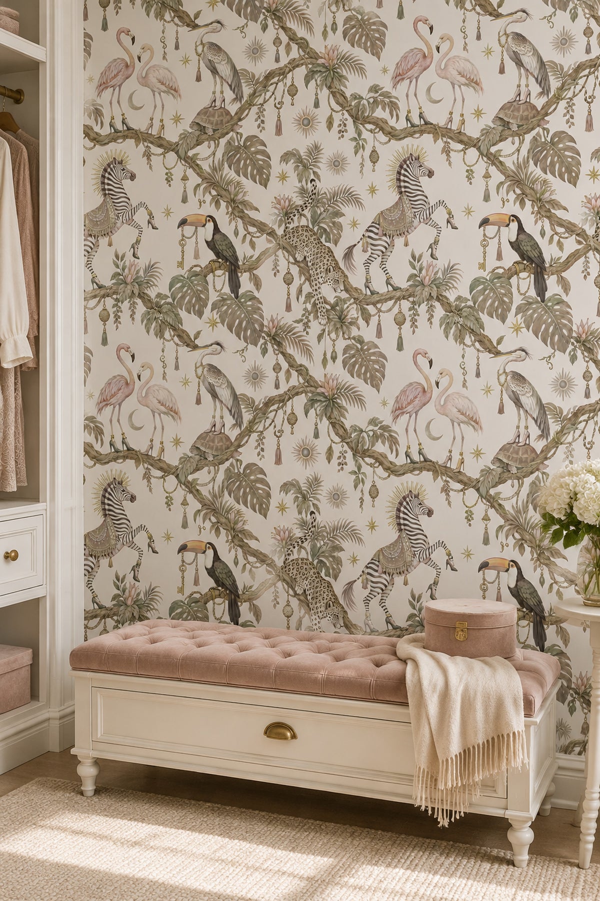 Whimsical Jungle Animals Wallpaper Light Beige Botanical