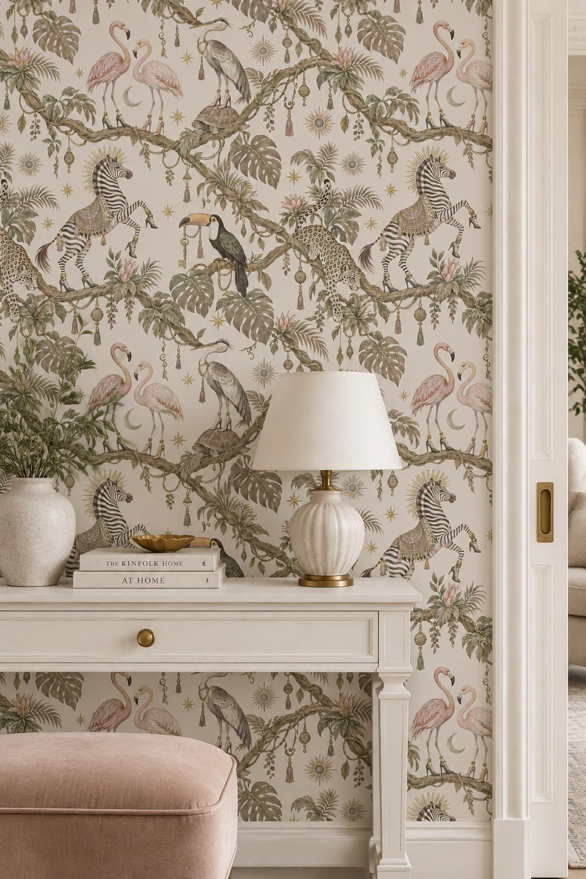 Whimsical Jungle Animals Wallpaper Light Beige Botanical