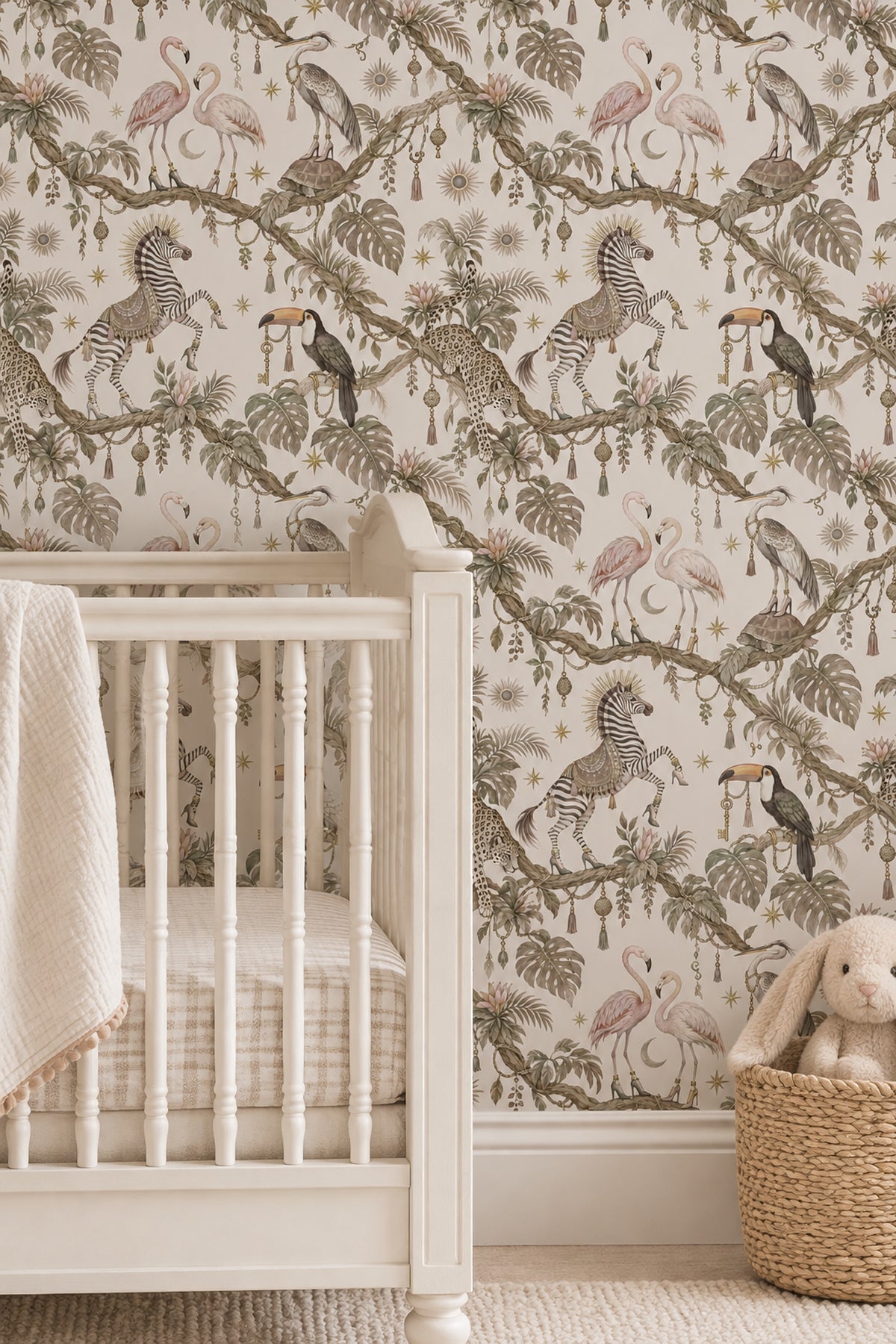 Whimsical Jungle Animals Wallpaper Light Beige Botanical