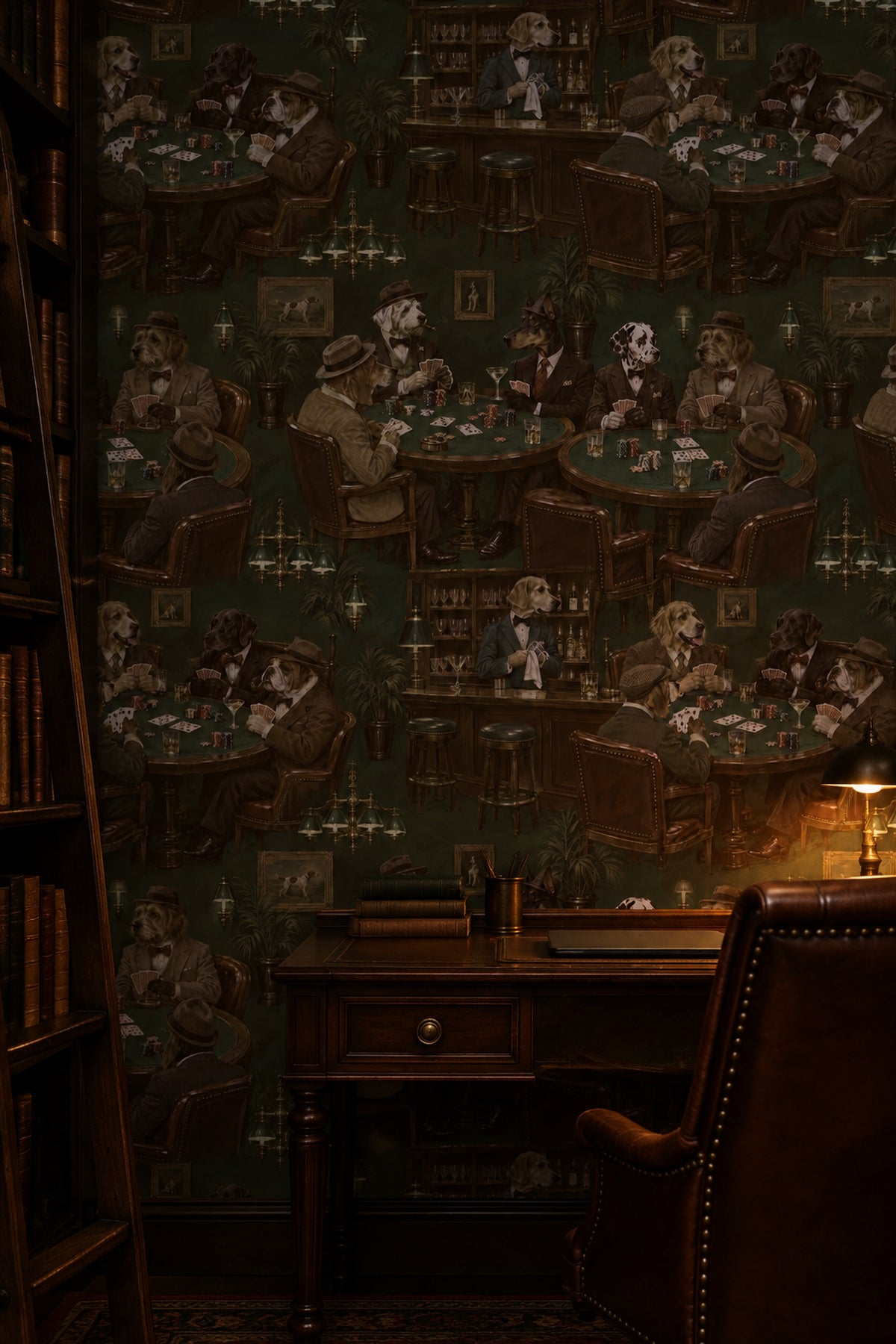 Gentlemen Dogs Poker Room Wallpaper Dark Green Vintage Inspired Bar