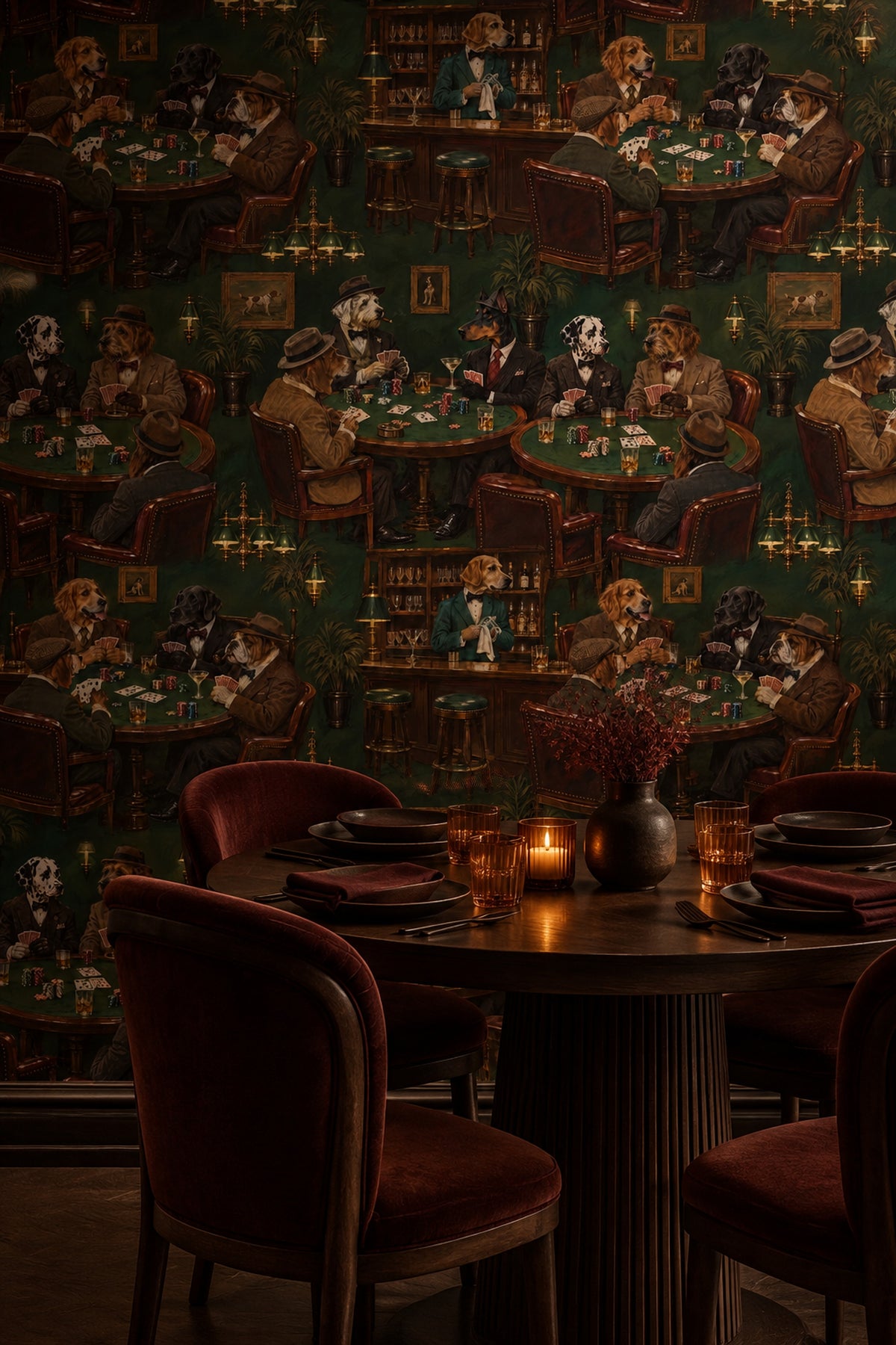 Gentlemen Dogs Playing Poker Wallpaper Dark Green Vintage Inspired Club