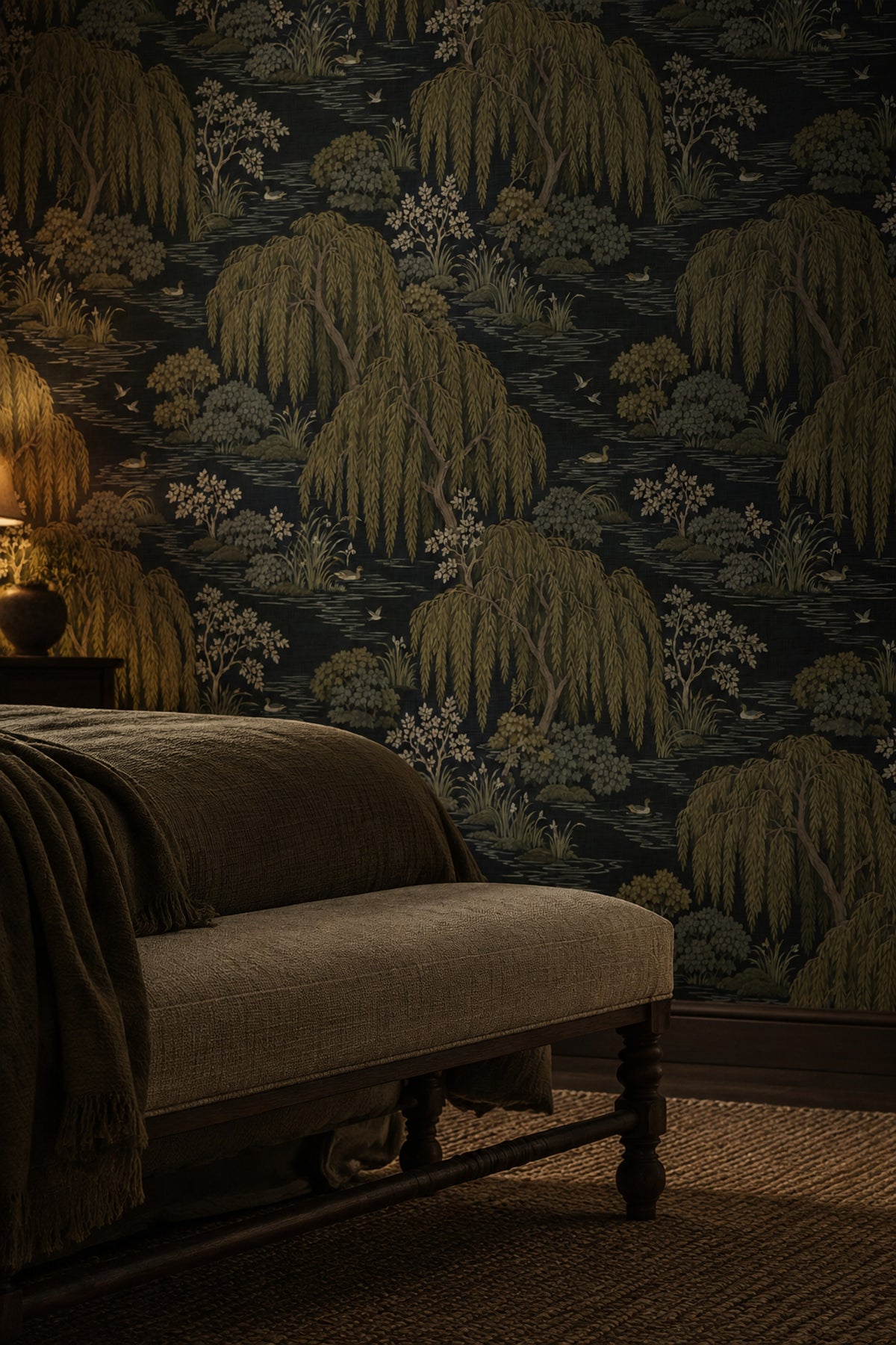 Willow Trees Wallpaper Dark Chinoiserie Pond With Ducks