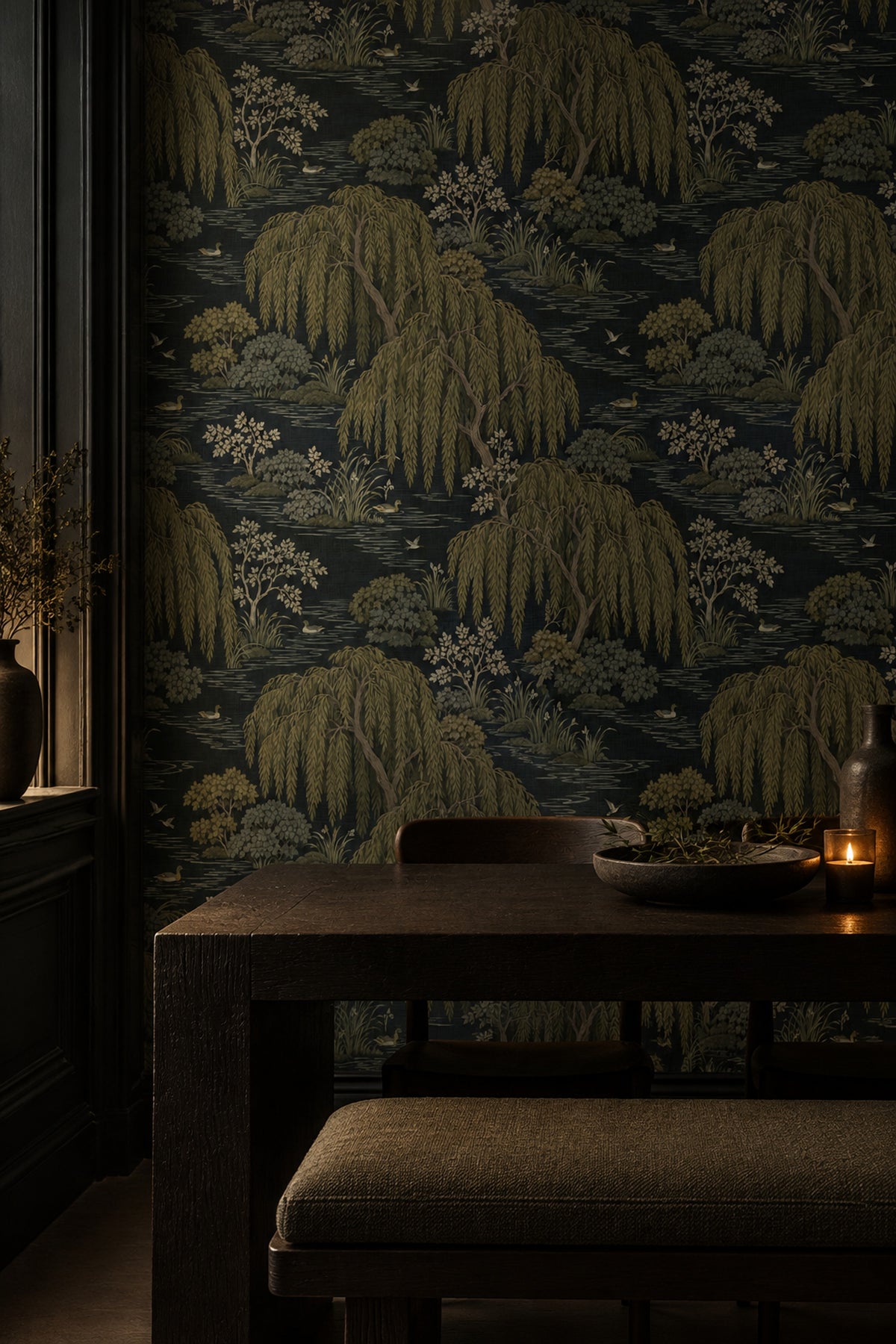 Willow Trees Wallpaper Dark Chinoiserie Pond With Ducks