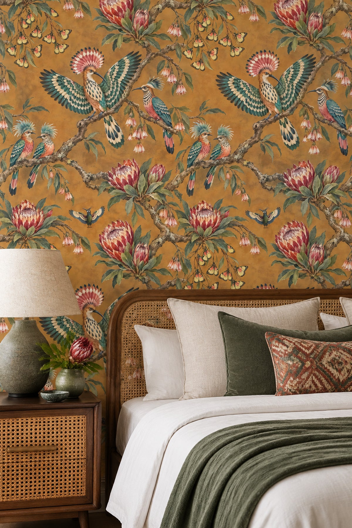 Tropical Birds Wallpaper Muted Green Leaves On Warm Brown