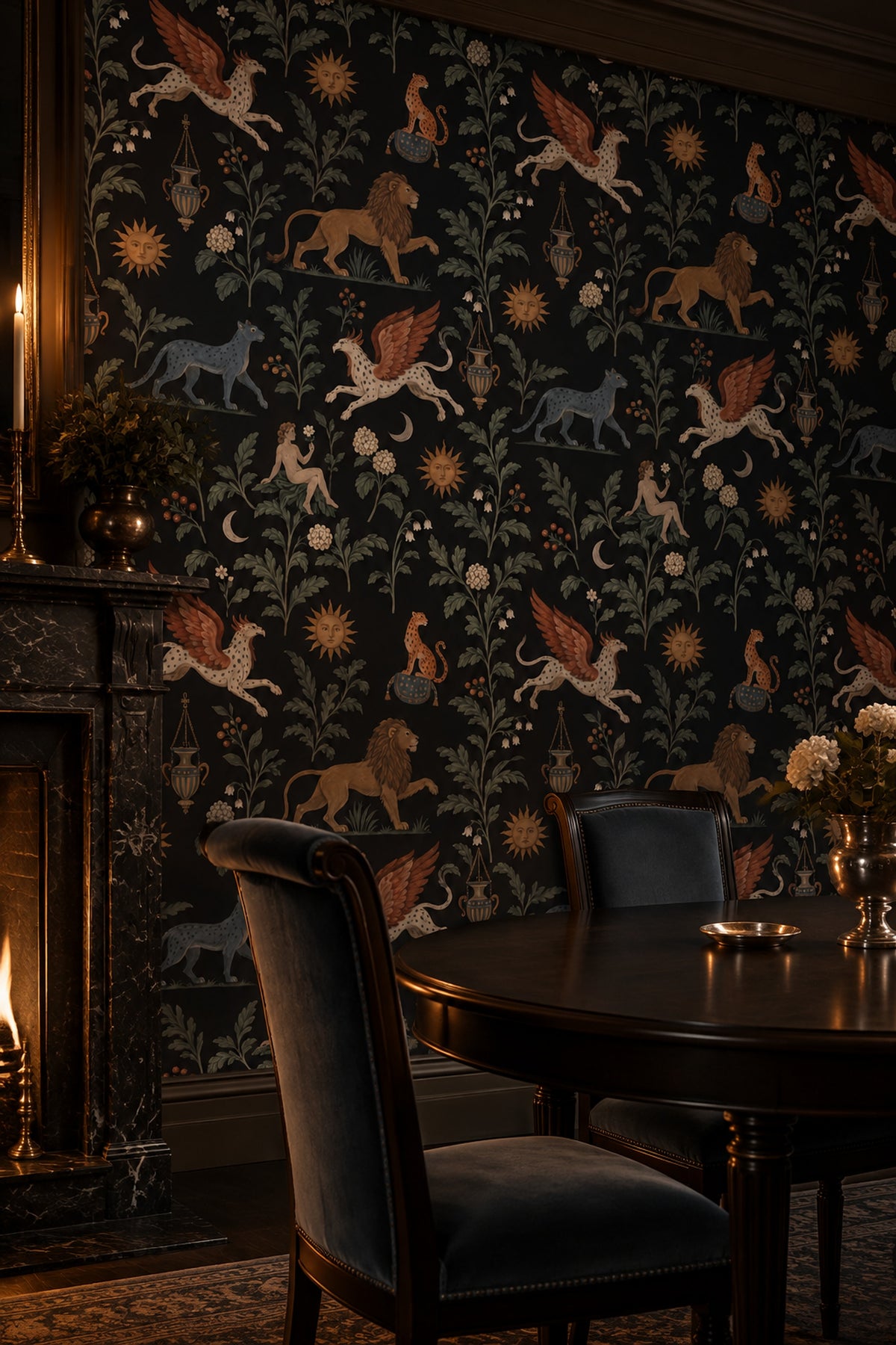 Griffin And Lion Wallpaper Vintage Inspired Botanical On Black Background