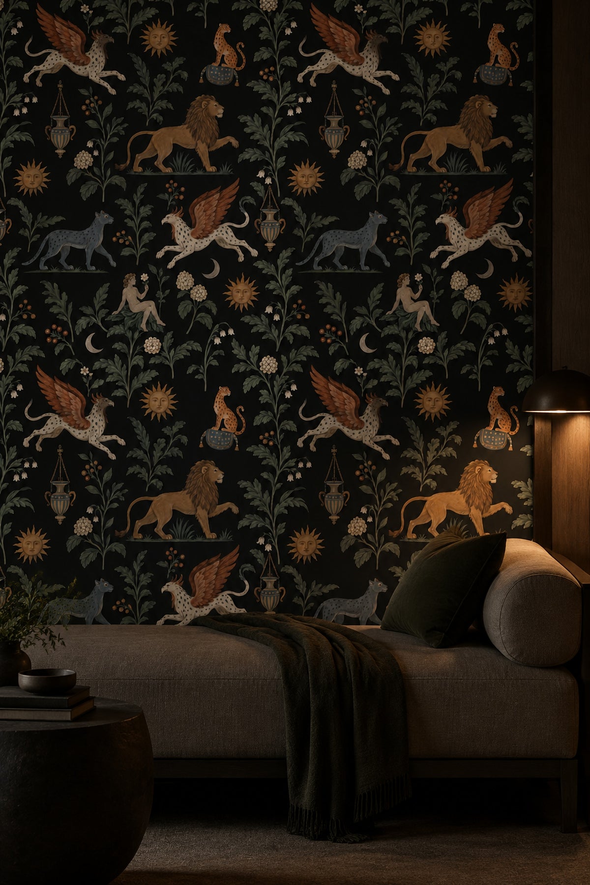 Griffin And Lion Wallpaper Vintage Inspired Botanical On Black Background