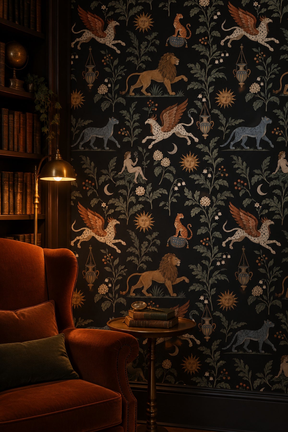 Griffin And Lion Wallpaper Vintage Inspired Botanical On Black Background