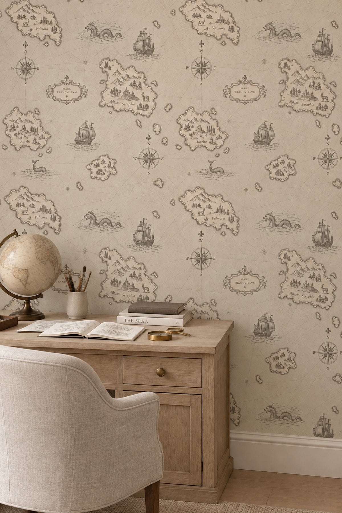 Fantasy Antique Map Wallpaper Parchment Sepia Compass Roses