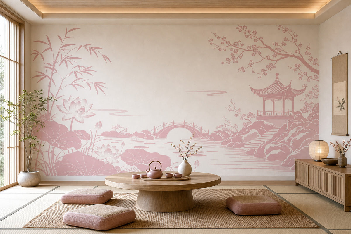 Sakura Garden With Pagoda Wallpaper Mural Cream Pink Chinoiserie