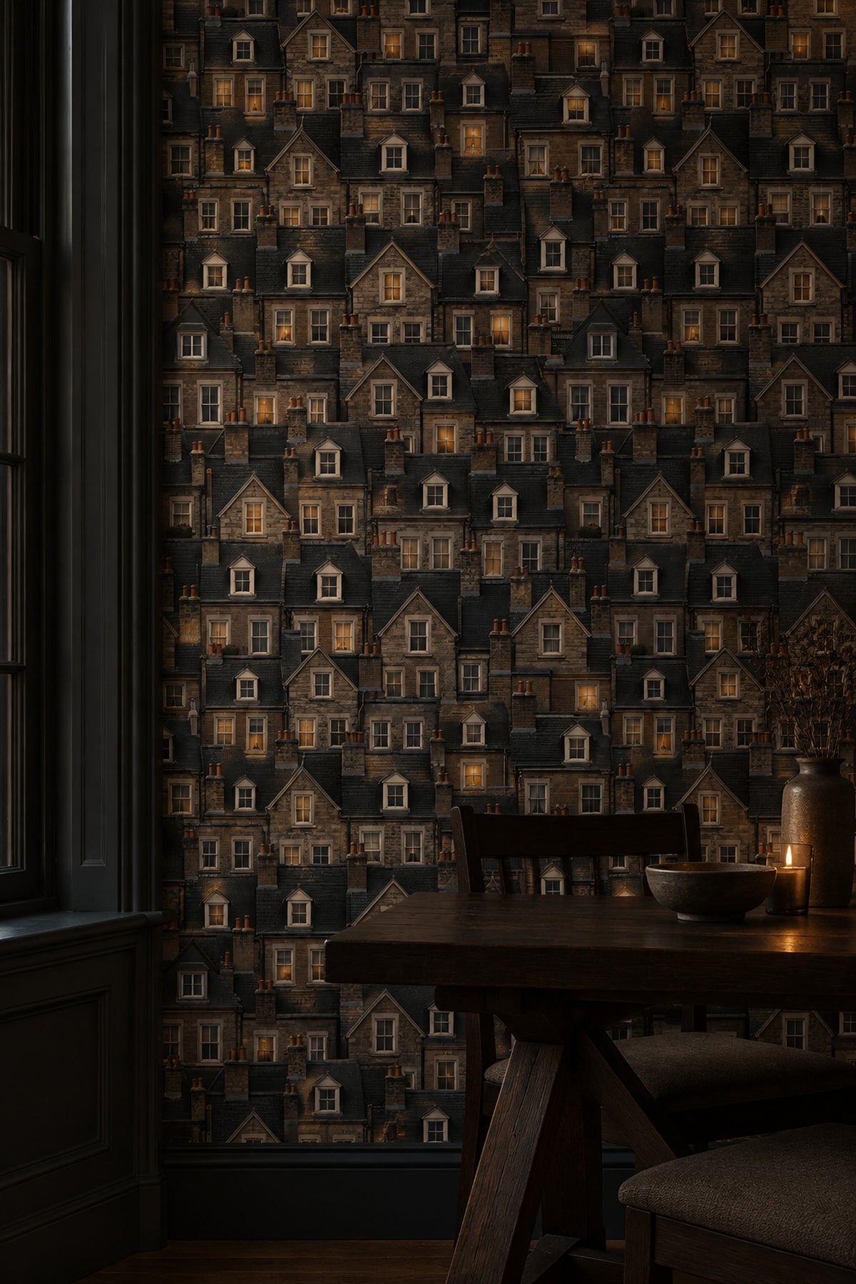 European Rooftops Wallpaper Dark Cityscape In Stone Gray