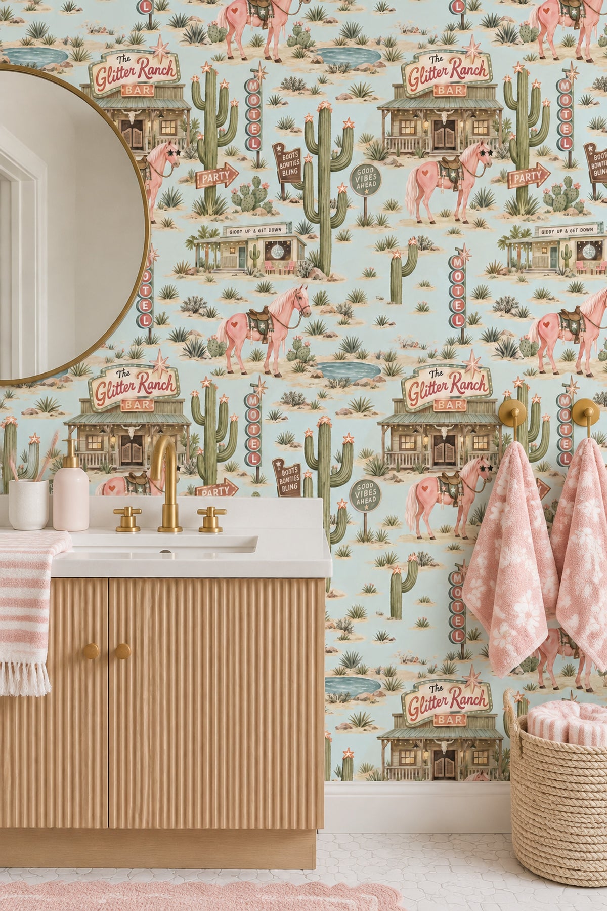 Pink Horses And Cactus Wallpaper Retro Ranch Scenes In Turquoise