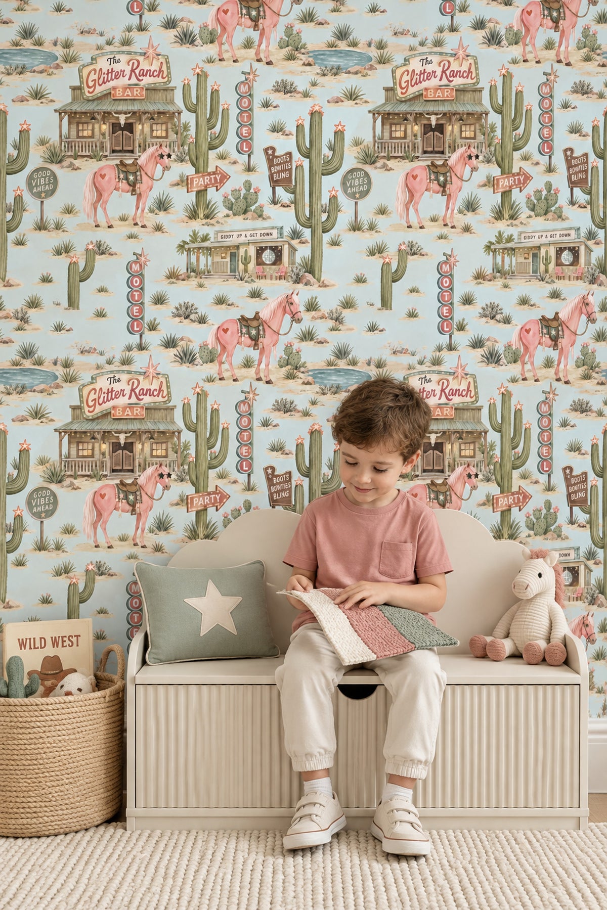 Pink Horses And Cactus Wallpaper Retro Ranch Scenes In Turquoise