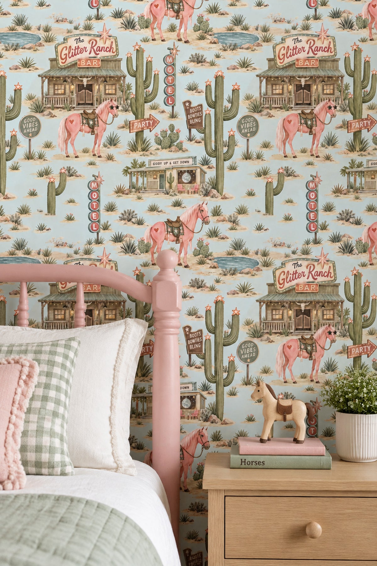 Pink Horses And Cactus Wallpaper Retro Ranch Scenes In Turquoise