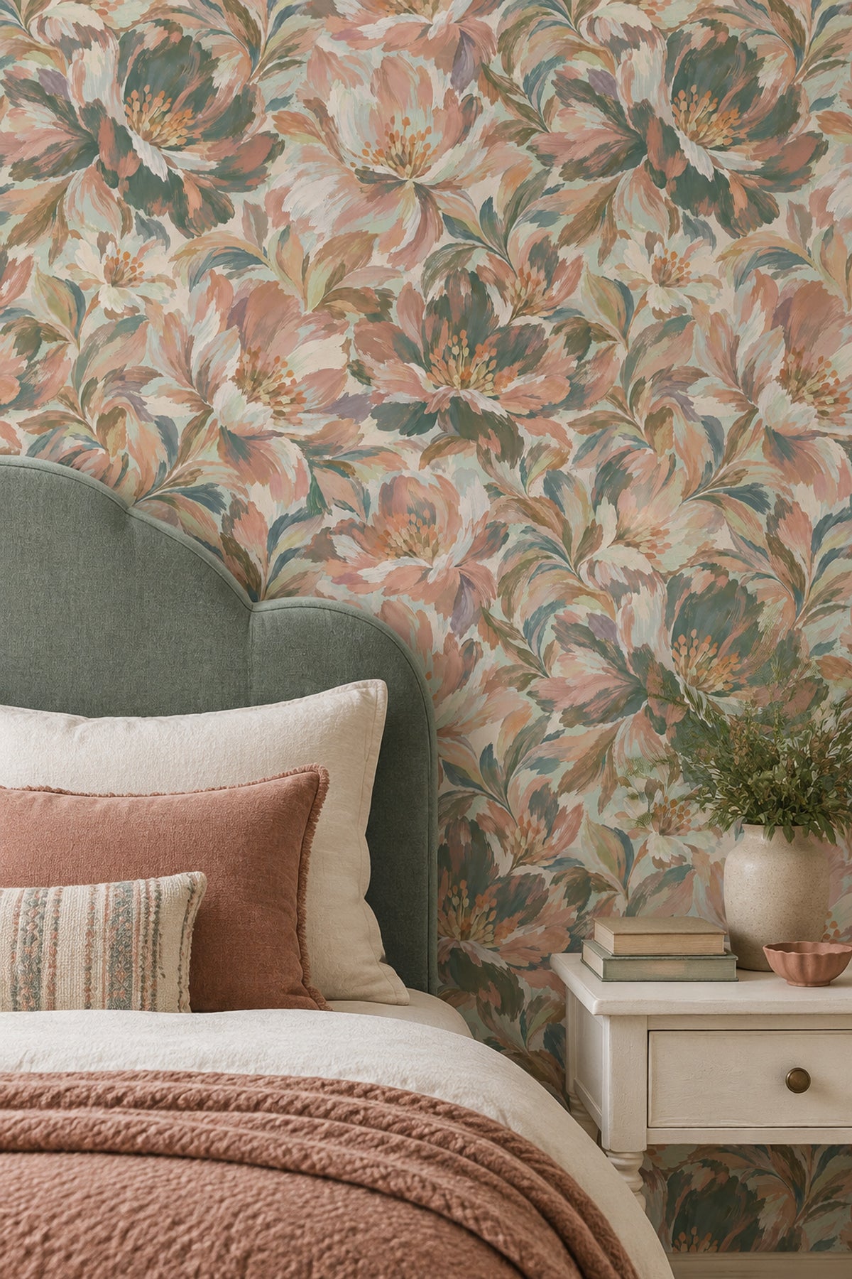 Painterly Large Scale Flowers Wallpaper In Blush Pink And Teal