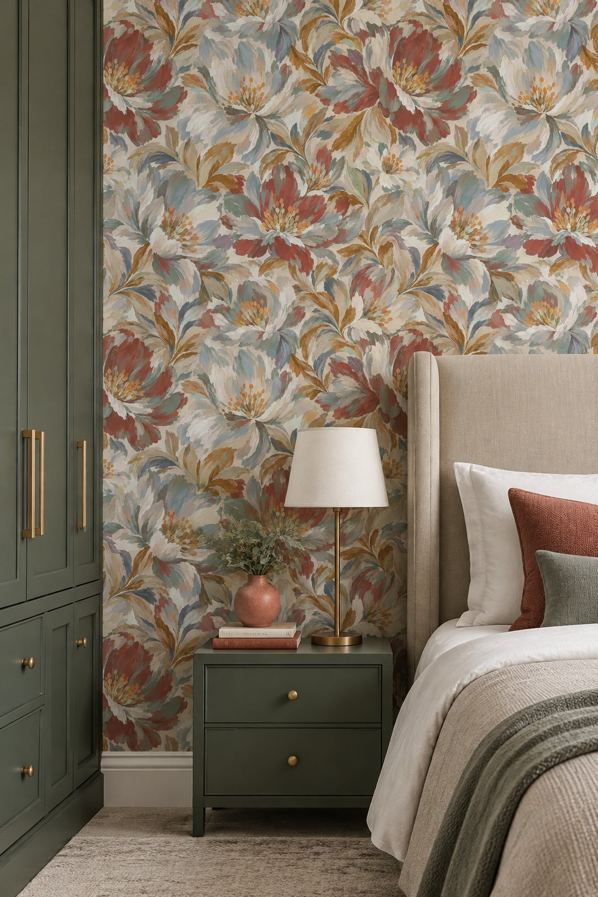 Large Painterly Flowers Wallpaper Muted Colors On Cream Background
