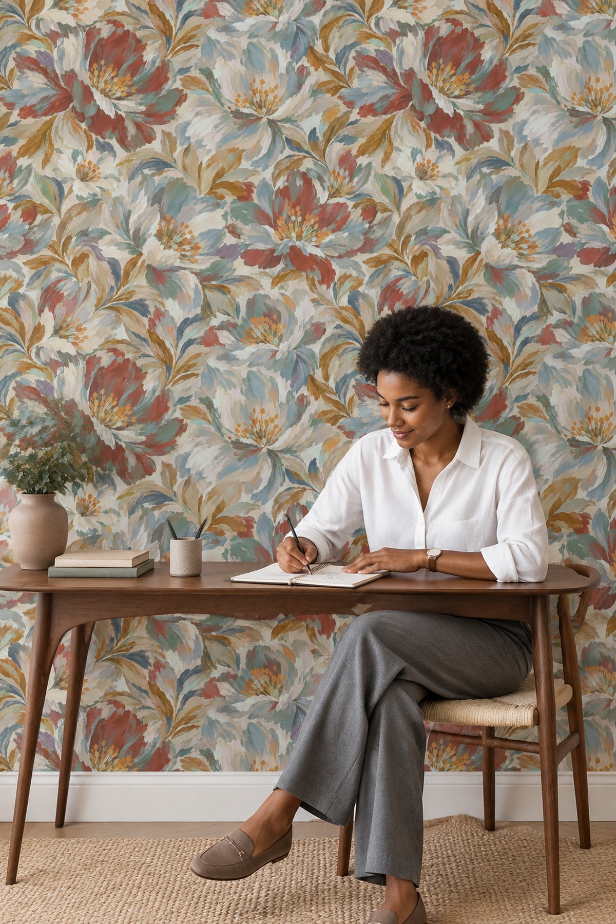 Large Painterly Flowers Wallpaper Muted Colors On Cream Background