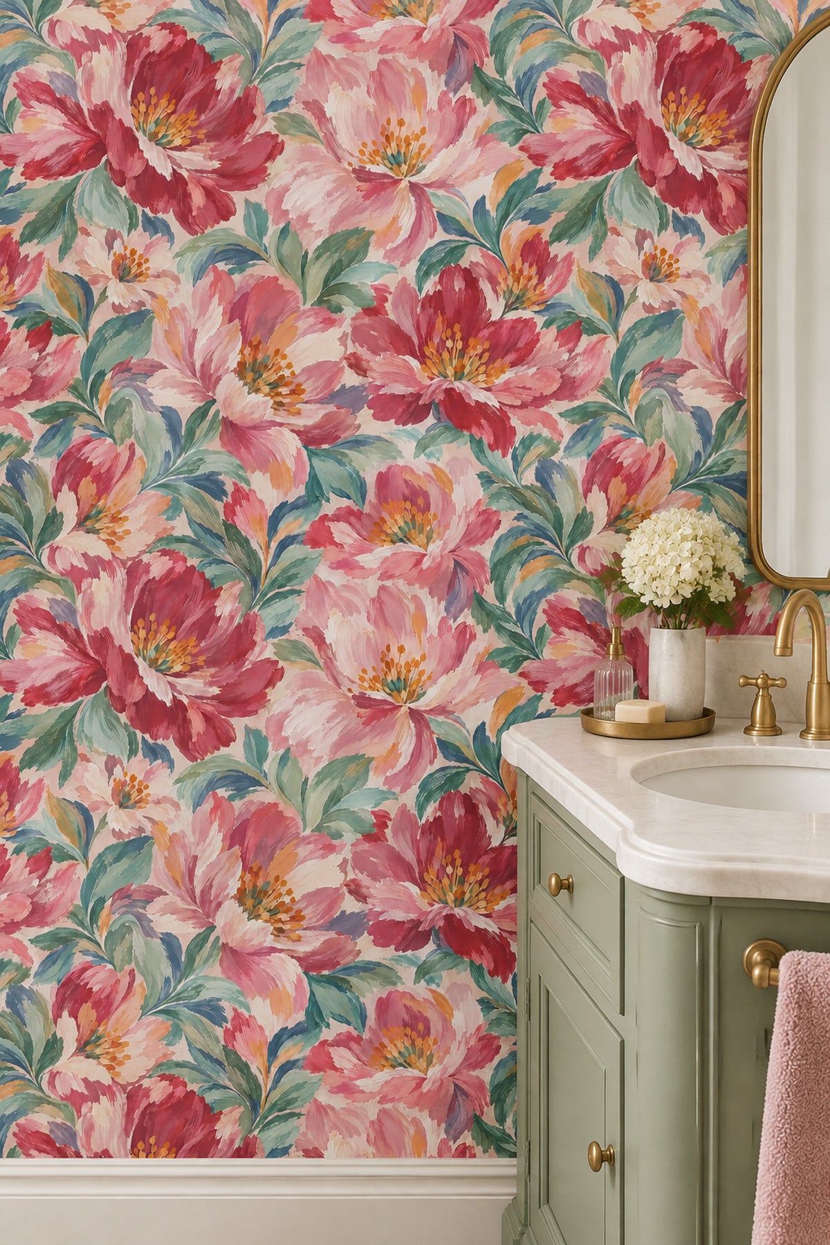 Large Pink Blossoms Wallpaper Painterly Botanical On Beige