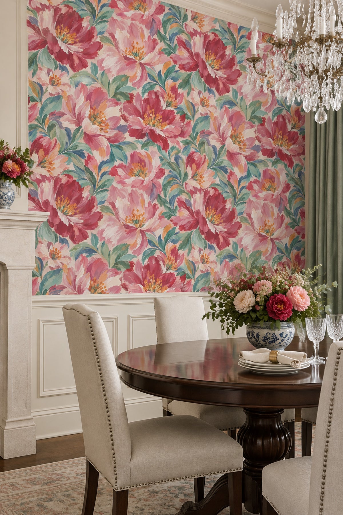 Large Pink Blossoms Wallpaper Painterly Botanical On Beige