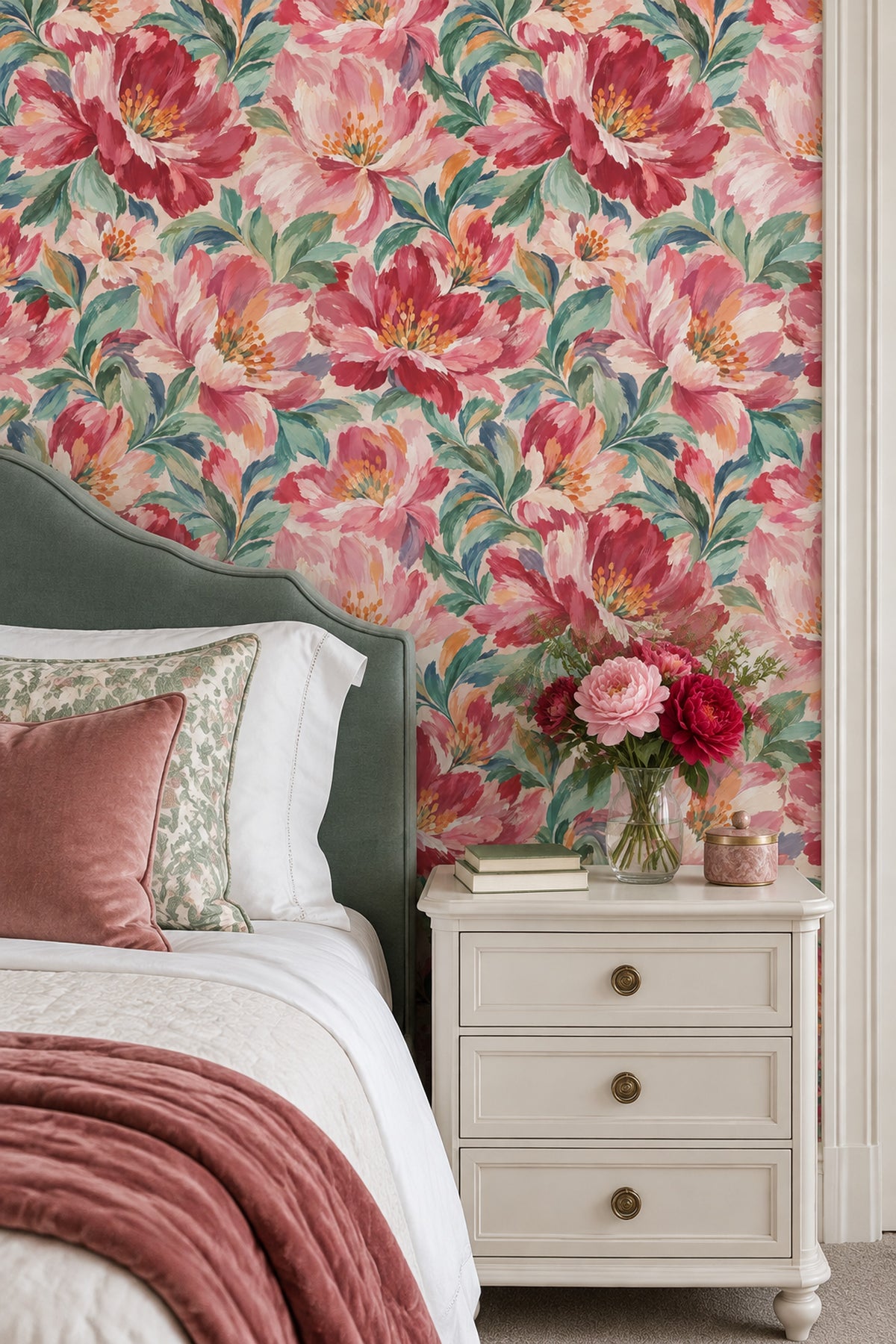 Large Pink Blossoms Wallpaper Painterly Botanical On Beige