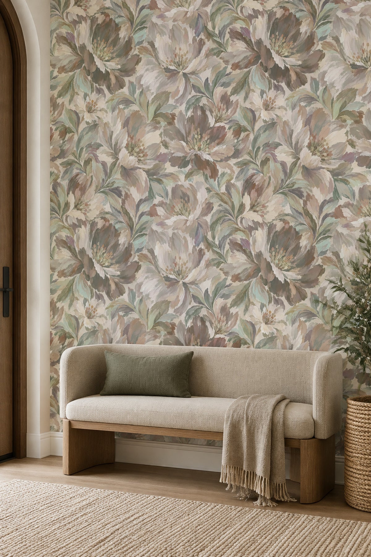 Painted Botanical Flowers Wallpaper In Muted Beige With Sage Green Leaves