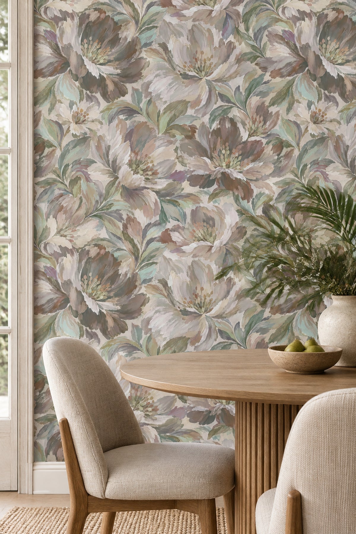 Painted Botanical Flowers Wallpaper In Muted Beige With Sage Green Leaves