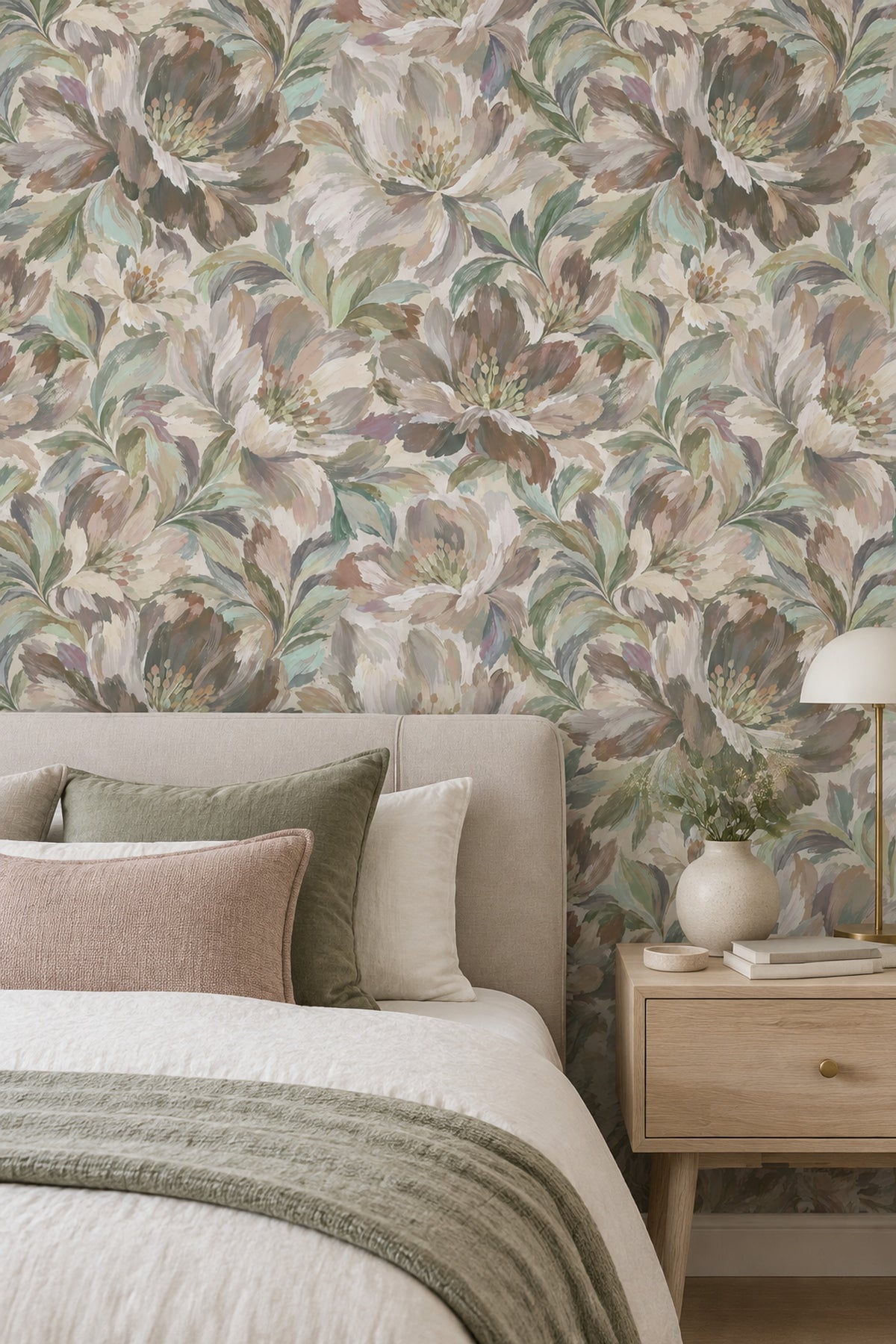 Painted Botanical Flowers Wallpaper In Muted Beige With Sage Green Leaves