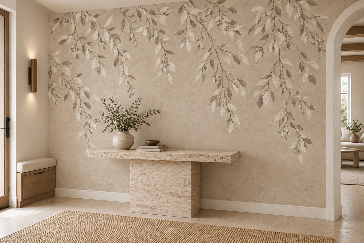 Hanging Leafy Vines Wallpaper Mural In Beige Plaster Texture