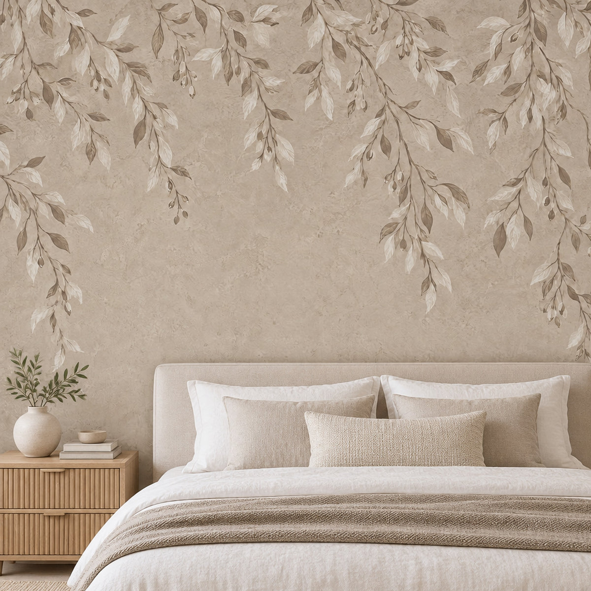 Hanging Leafy Vines Wallpaper Mural In Beige Plaster Texture