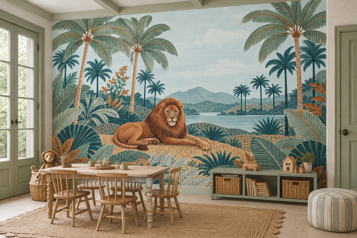 Resting Lion Wallpaper Mural, Tropical Watercolor Jungle Landscape