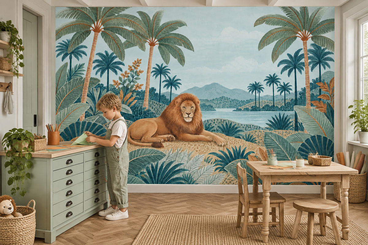 Resting Lion Wallpaper Mural, Tropical Watercolor Jungle Landscape