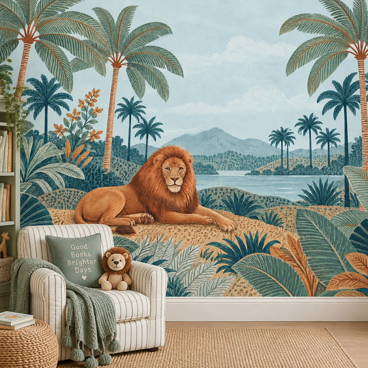 Resting Lion Wallpaper Mural, Tropical Watercolor Jungle Landscape