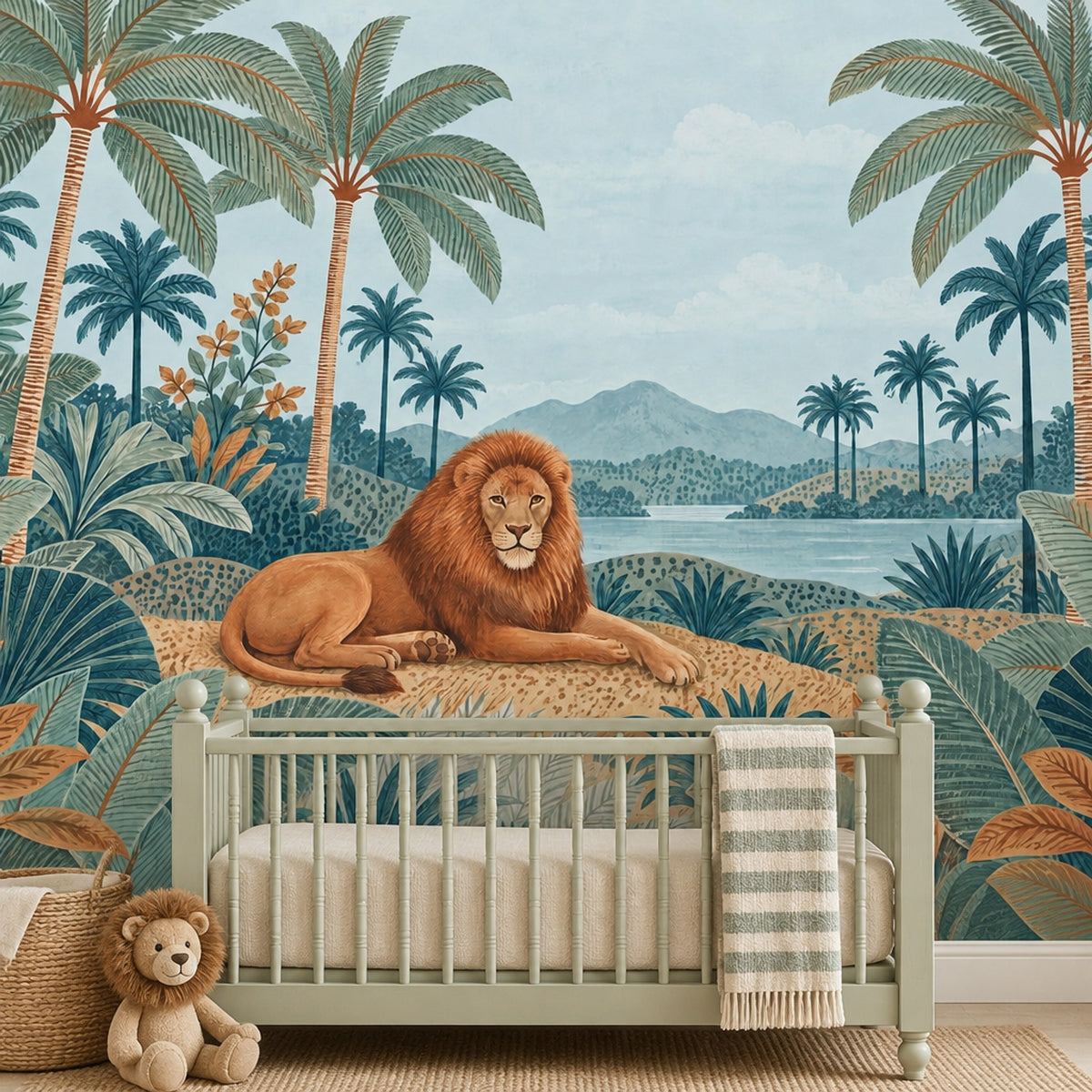 Resting Lion Wallpaper Mural, Tropical Watercolor Jungle Landscape