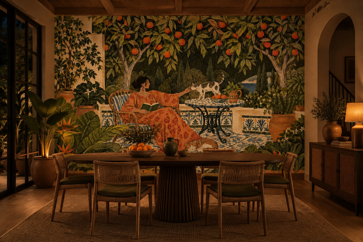 Mediterranean Terrace Woman And Cats Wallpaper Mural, Vintage Inspired Blue Tile Garden