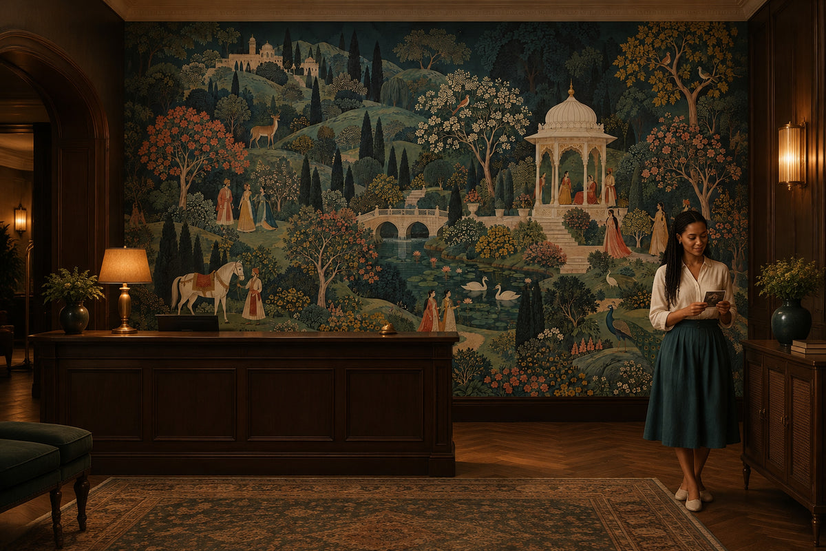 Mughal Garden Palace Wallpaper Mural Dark Green, Peacock And Pavilion Scene