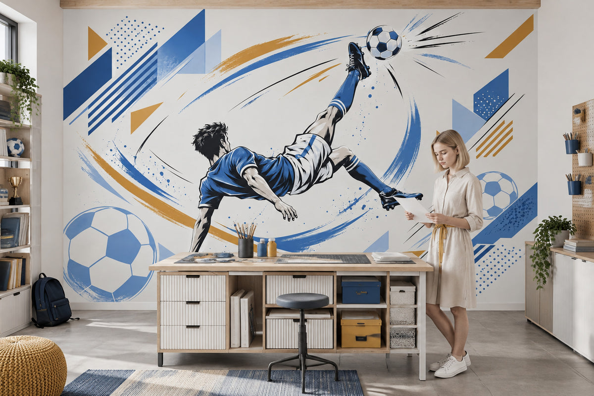 Bicycle Kick Soccer Player Wallpaper Mural Blue And Gold Geometric Motion