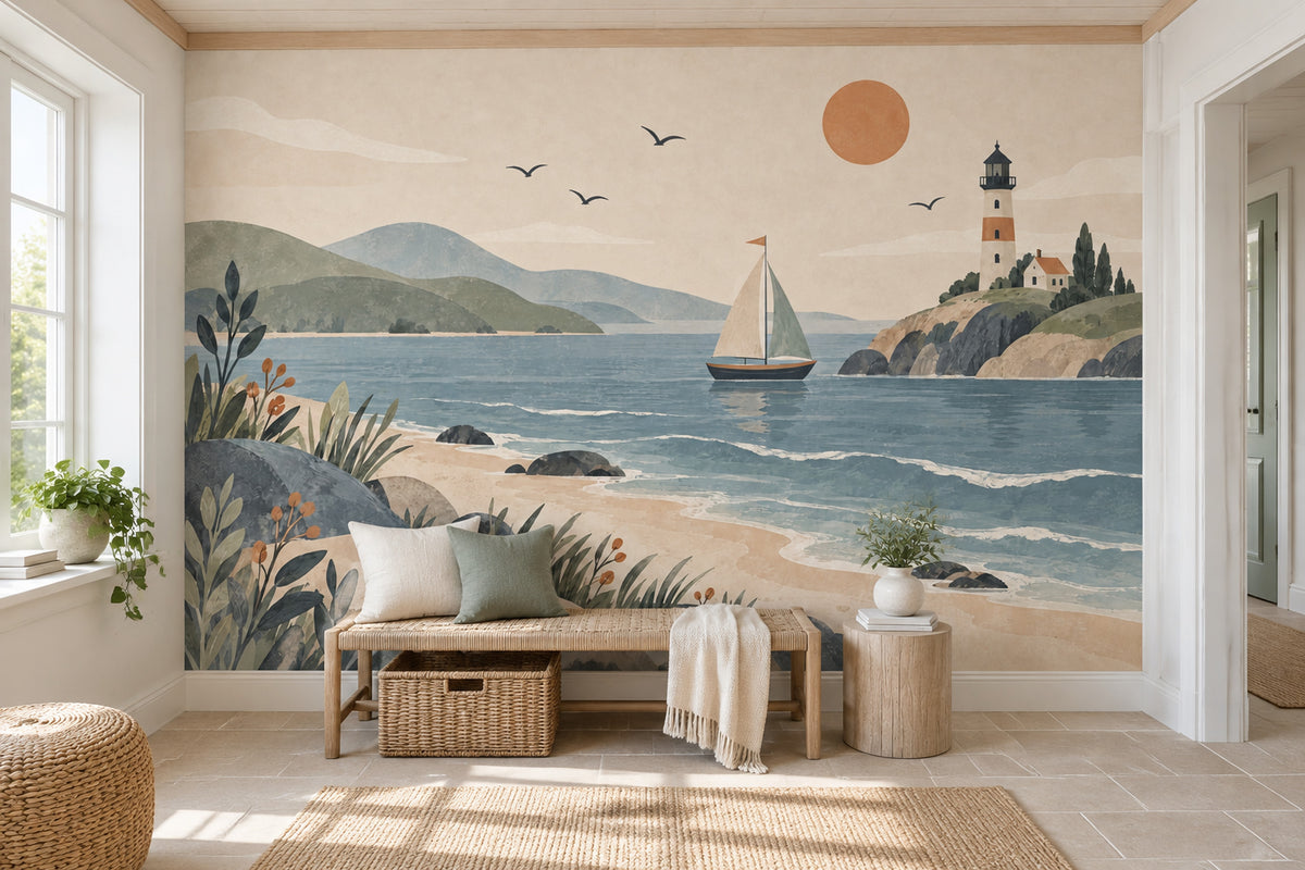 Sailboat And Lighthouse Coast Wallpaper Mural In Pastel Watercolor