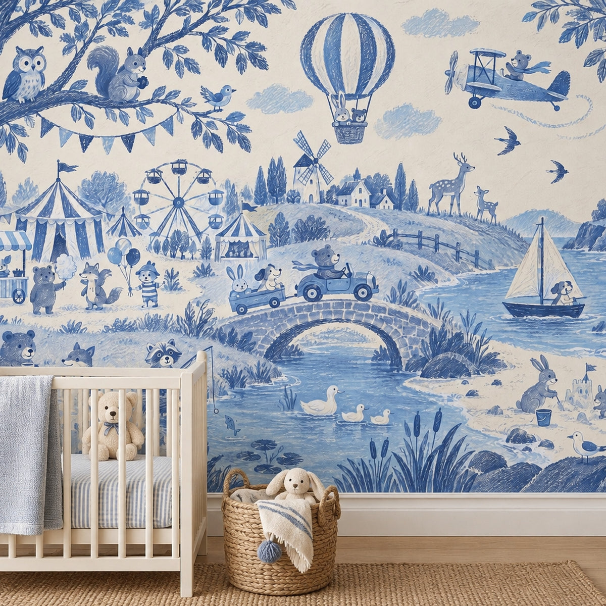 Woodland Animals Storybook Wallpaper Mural Blue Toile On Cream