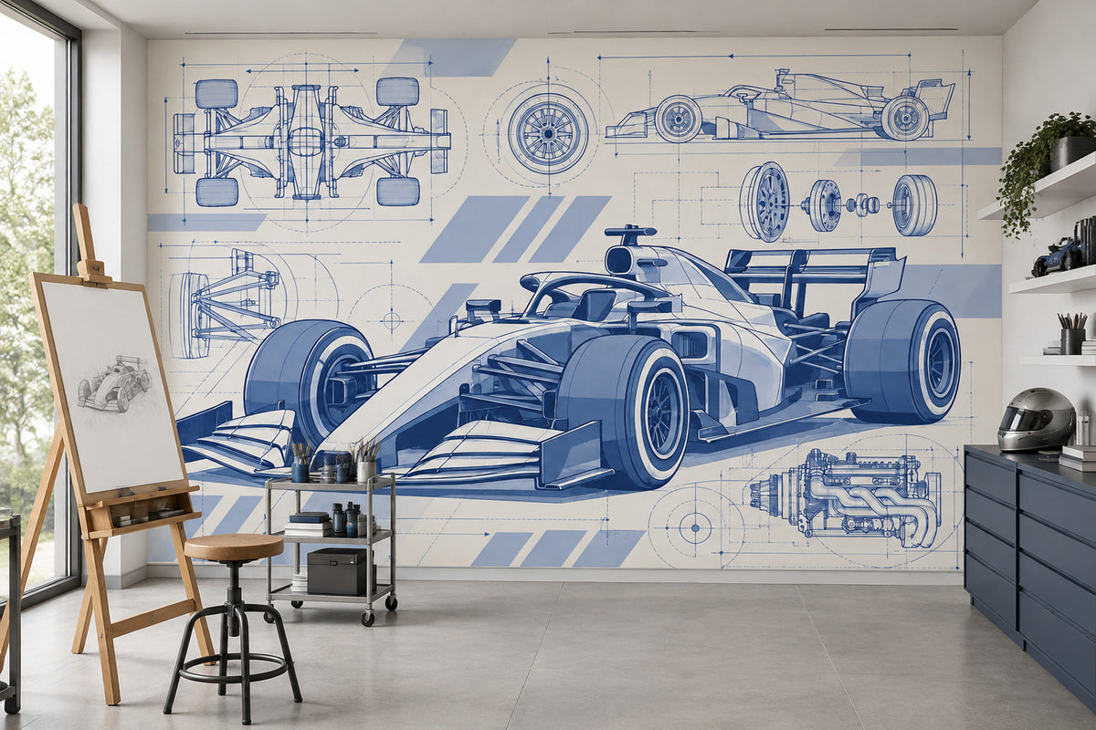 Formula Race Car Blueprint Wallpaper Mural: Navy And Blue Technical Drawing