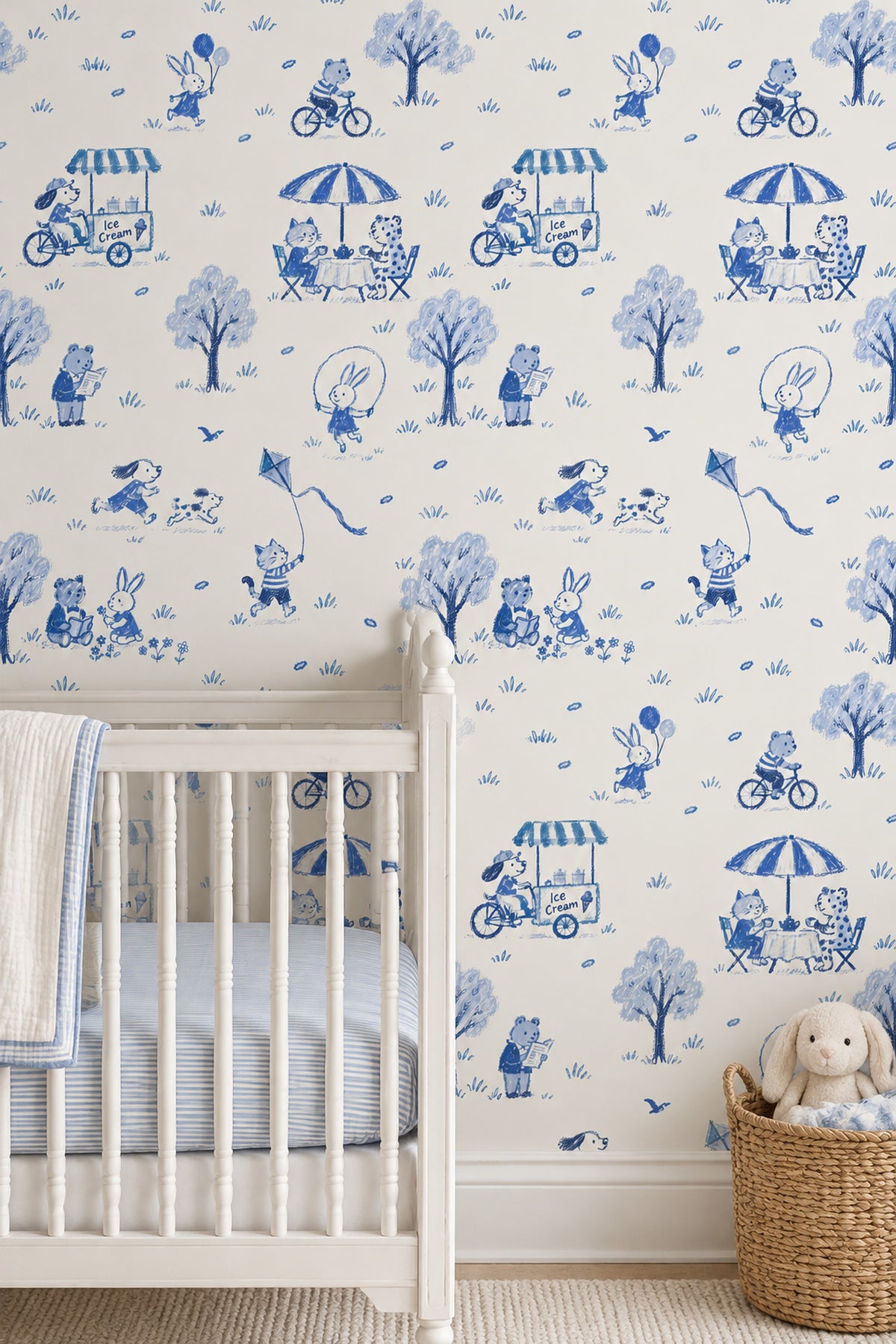 Playful Animal Park Scene Wallpaper Blue Toile On Ivory