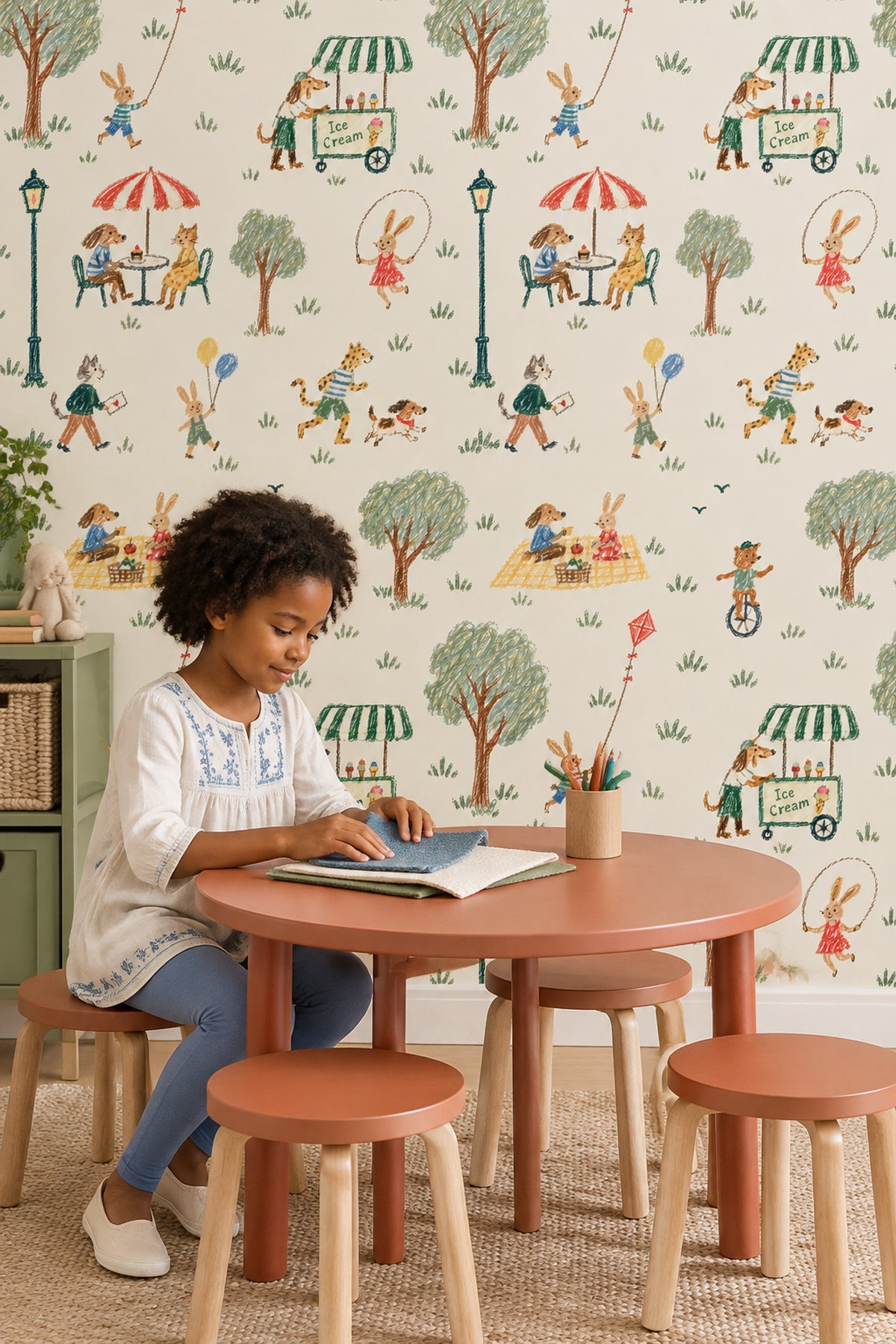 Playful Animal Park Wallpaper Cream Background Crayon Illustration