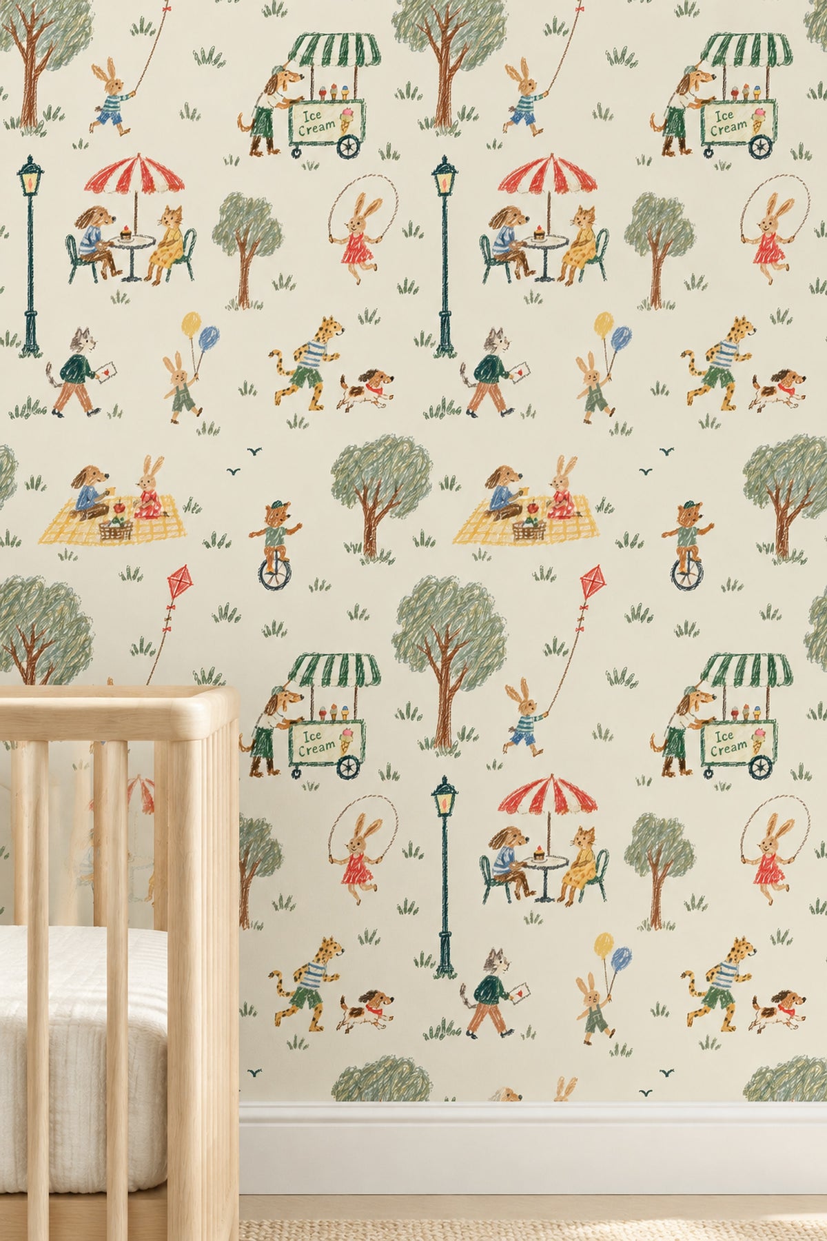 Playful Animal Park Wallpaper Cream Background Crayon Illustration