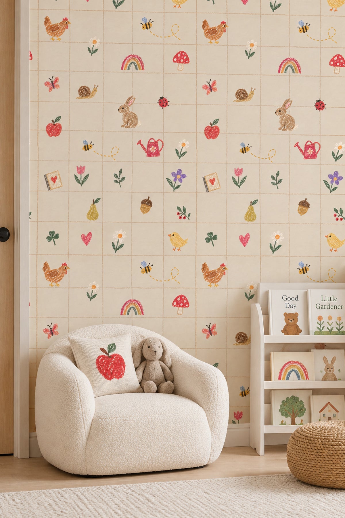 Crayon Garden Animals Wallpaper Checkered Grid On Cream